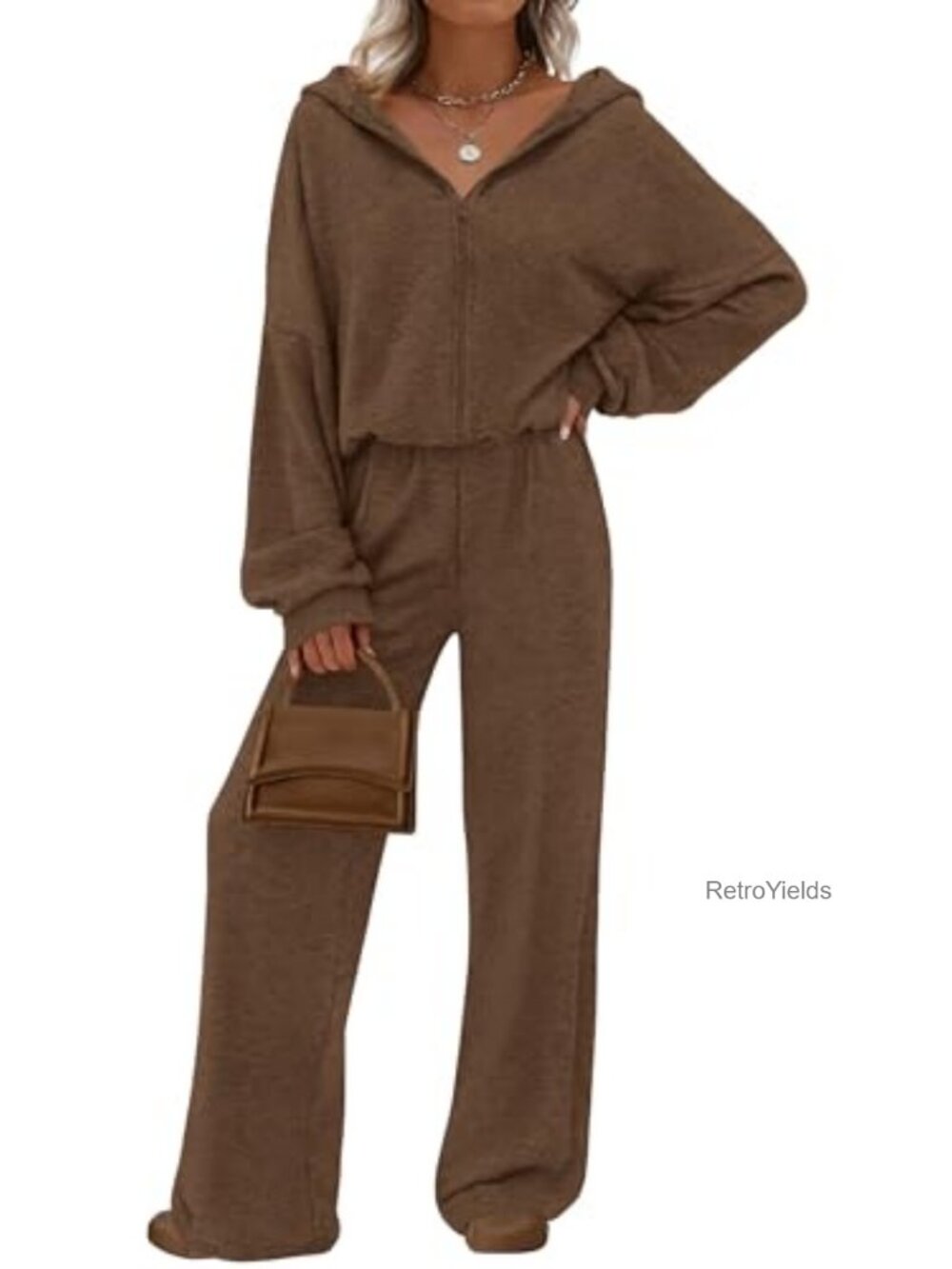 2-Piece Lounge Set Zip Up Hoodie Wide Leg Pants Loungewear Travel